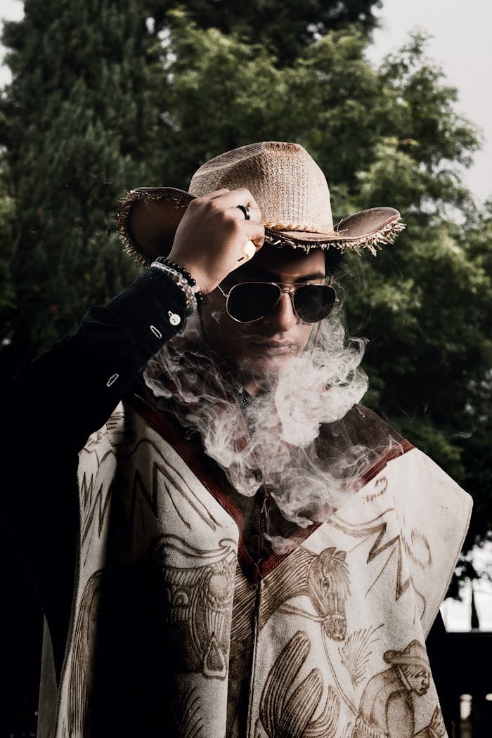 A modern cowboy wearing a poncho and sunglasses amid smoke outdoors.